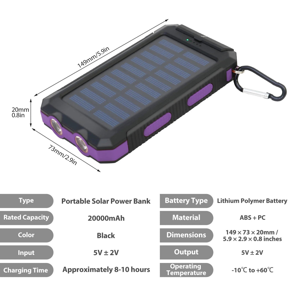 20000mAh Solar Charger for Outdoor Camping Waterproof Portable Power Bank with Dual 5V USB Ports LED Flashlight And Compass Clickngo24