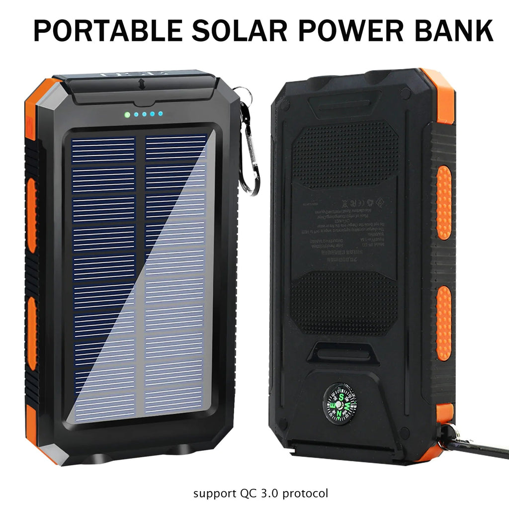 20000mAh Solar Charger for Outdoor Camping Waterproof Portable Power Bank with Dual 5V USB Ports LED Flashlight And Compass Clickngo24