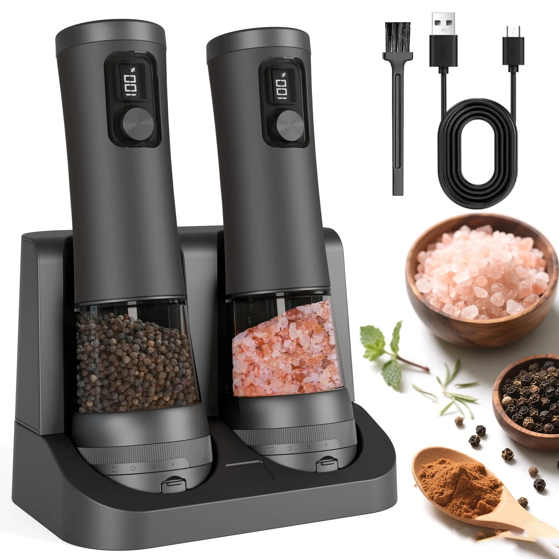 Electric Automatic Pepper Salt Grinder Set Rechargeable Base LED Indicator Adjustable Coarseness Kitchen Accessory Clickngo24