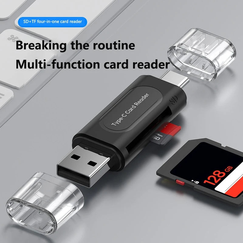 4-in-1 Multifunction USB Type-C Card Reader Black External Memory Stick Adapter for Mini SD TF USB 2.0 Stretch Storage Reader Clickngo24