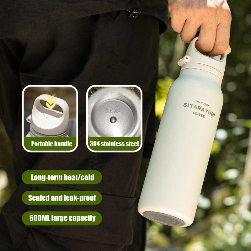 600ML Stainless Steel Vacuum Tumbler Insulated Water Bottle for Outdoor Camping Sports One Hand Open Cover Thermos Cup Eco-Friendly Clickngo24
