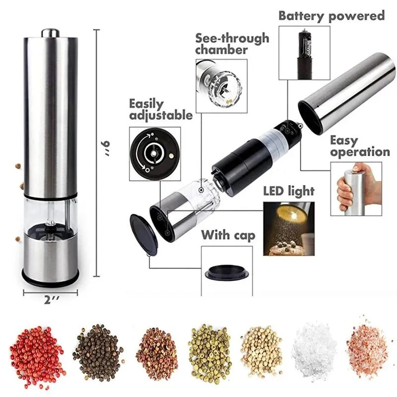 Stainless Steel Electric Pepper Grinder Kitchen Barbecue Seasoning Tool for Spices and Sea Salt Coarser Adjustment Clickngo24