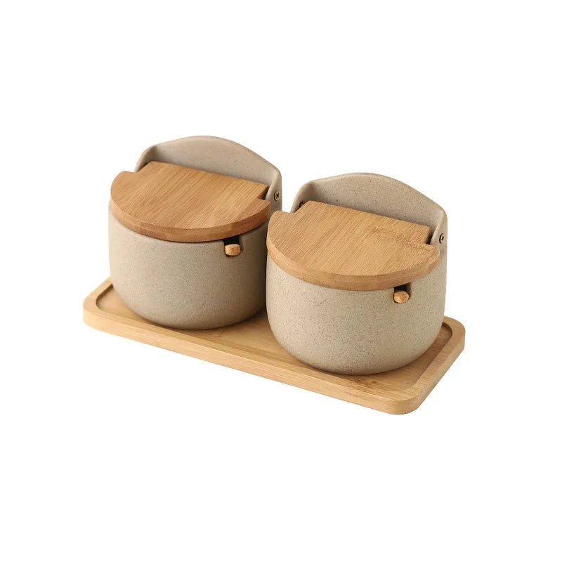 Japanese Style Ceramic Seasoning Jar with Bamboo Lid And Spoon Eco-Friendly Spice Storage Box Kitchen Sugar Salt Container Clickngo24