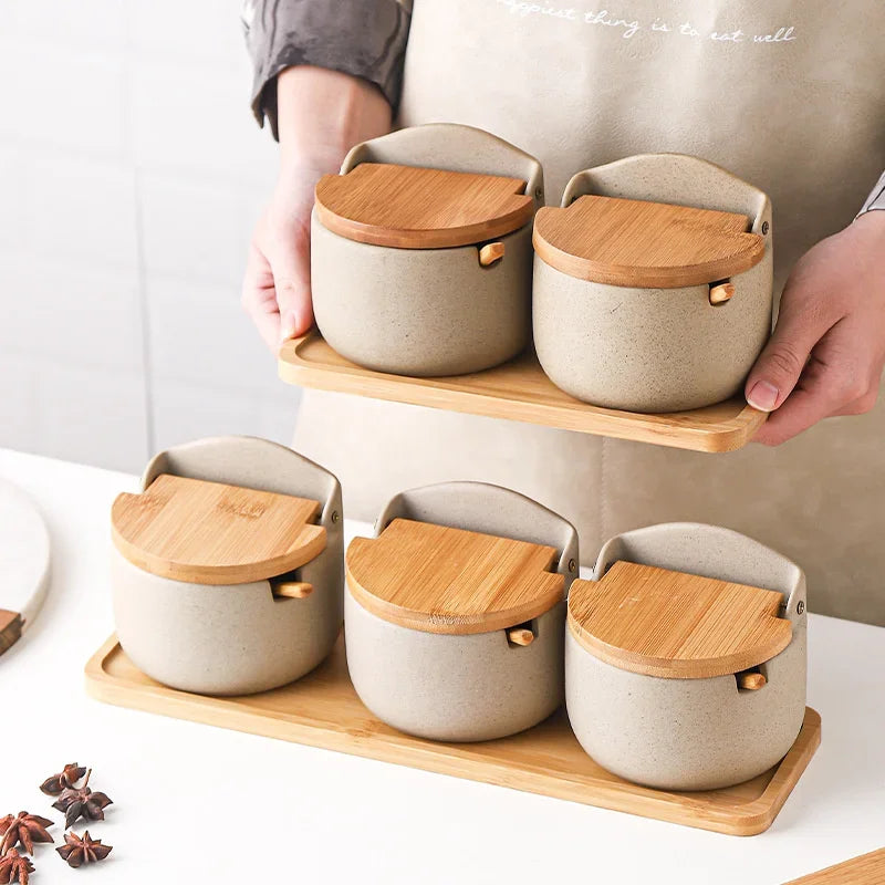 Japanese Style Ceramic Seasoning Jar with Bamboo Lid And Spoon Eco-Friendly Spice Storage Box Kitchen Sugar Salt Container Clickngo24
