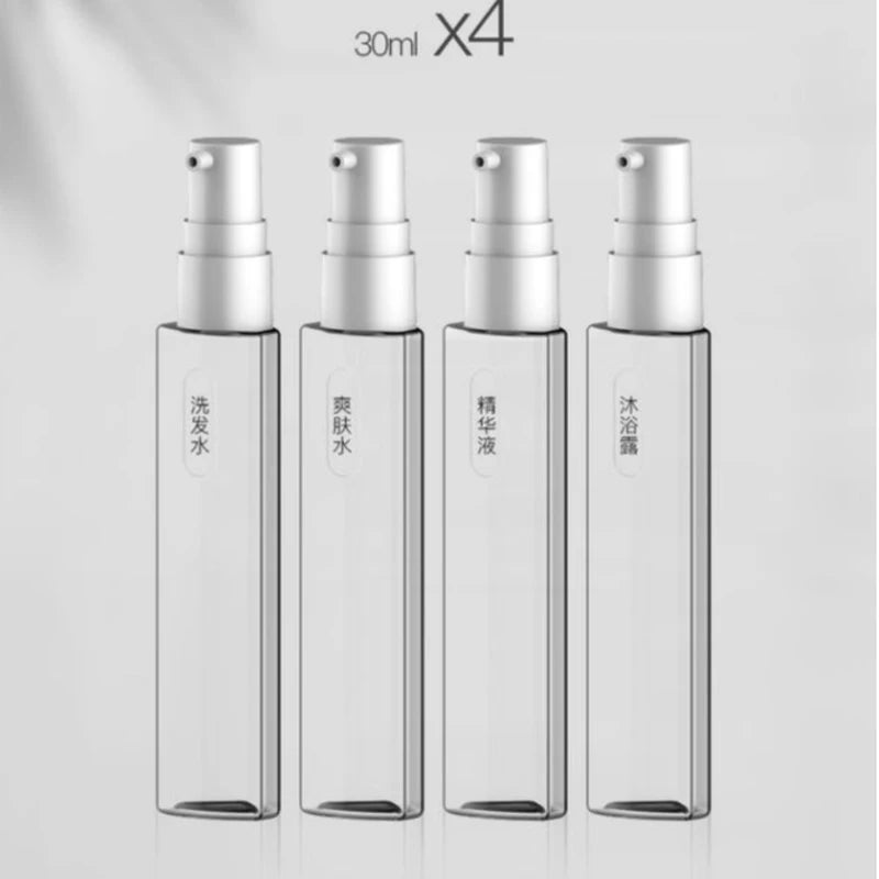 4-in-1 Travel Liquid Dispenser Split Bottle Refillable Shampoo Lotion Shower Gel Soap Container Press Sub-bottle 30ml